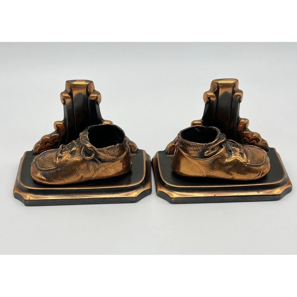 Vintage MCM BRONZE BABY SHOE and BOOTIE Bookends Nursery Childcare Decor